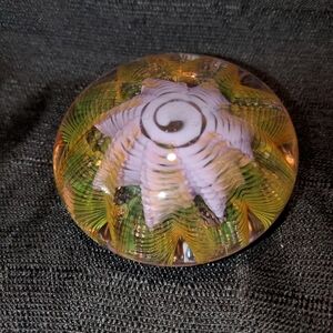 Handcrafted Glass Paperweight with Purple and Green Swirl